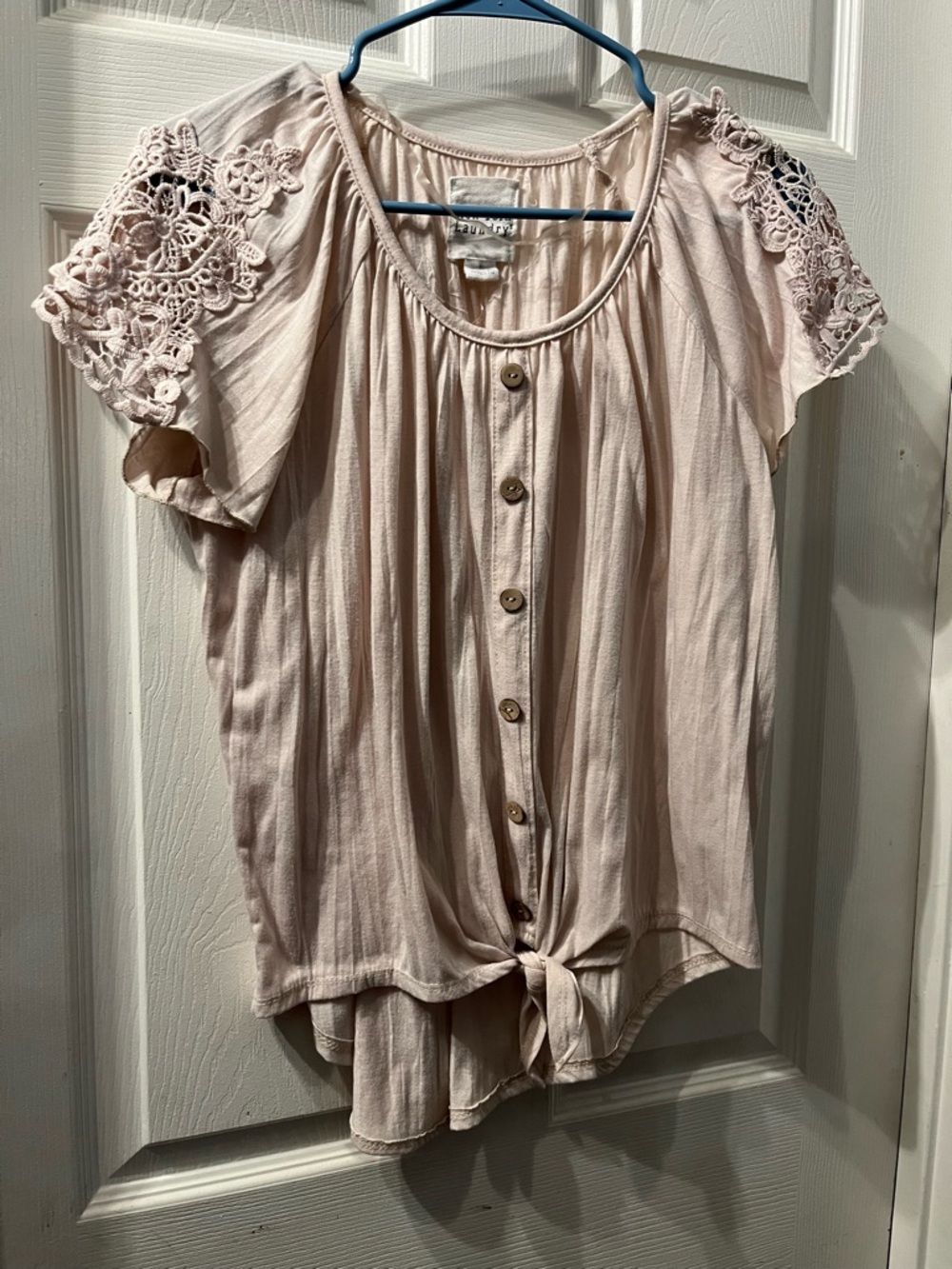 Women's Lace Sleeve Button-Front Top in Light Blush
